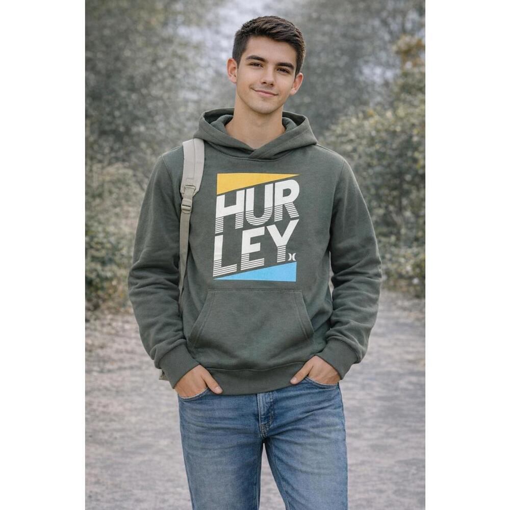 Hurley Olive Green Surf Summer Hoodie with Graphic Bold Logo Print - Youth Large
